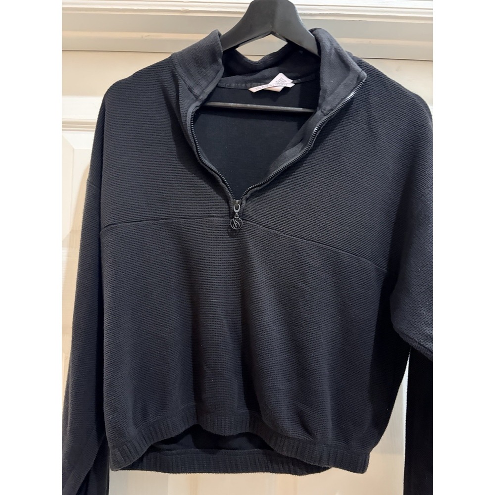 Victoria Secret Ribbed Knit Quarter Zip Pullover Sweater Black Crop Size S
